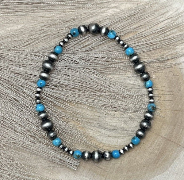 Desert Pearls & Blue Turquoise Graduated Stretch Bracelet - Sunset Turquoise Mountain
