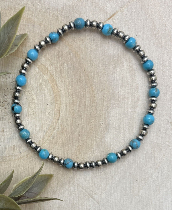 Desert Pearls & Blue Turquoise Stretch Bracelet - Sunset Turquoise Mountain