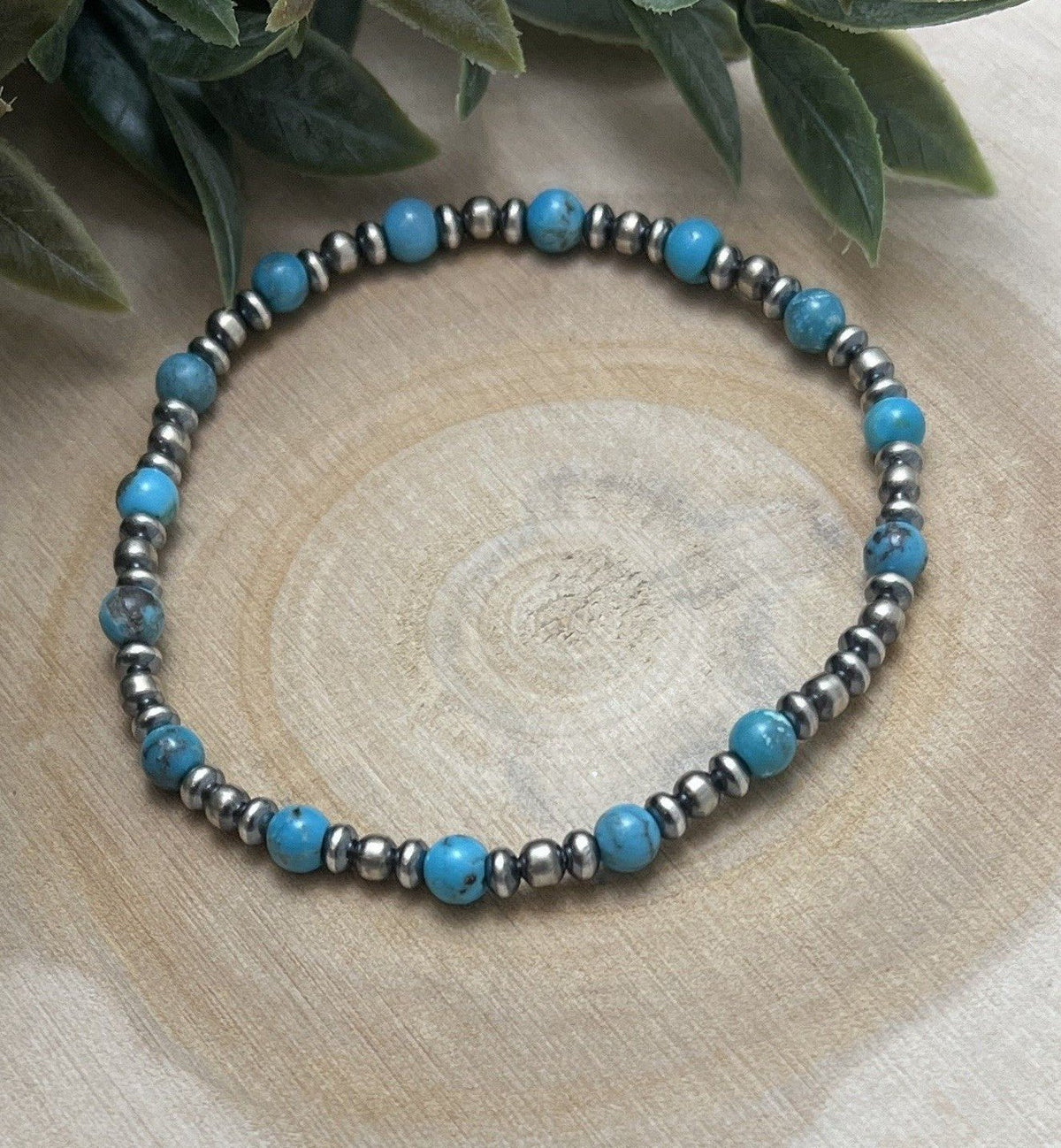 Desert Pearls & Blue Turquoise Stretch Bracelet - Sunset Turquoise Mountain