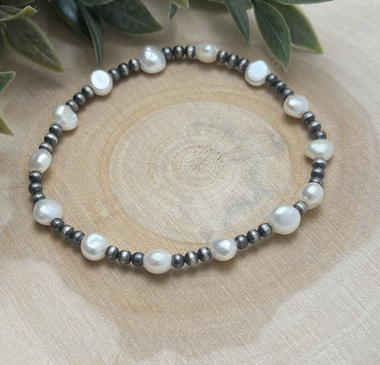 Desert Pearls & Fresh Water Pearls Stretch Bracelet - Sunset Turquoise Mountain