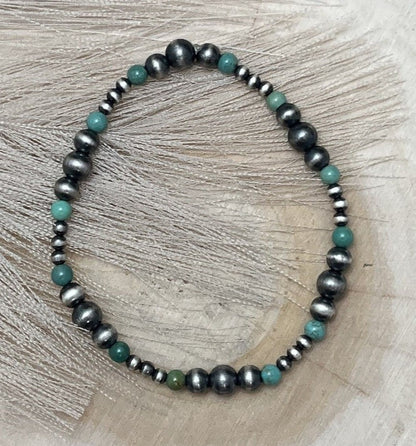 Desert Pearls & Green Turquoise Graduated Stretch Bracelet - Sunset Turquoise Mountain