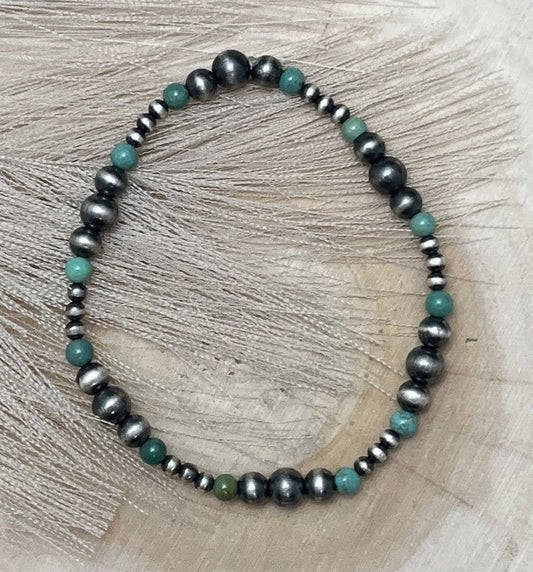 Desert Pearls & Green Turquoise Graduated Stretch Bracelet - Sunset Turquoise Mountain