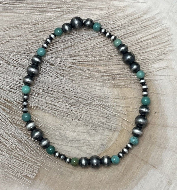 Desert Pearls & Green Turquoise Graduated Stretch Bracelet - Sunset Turquoise Mountain