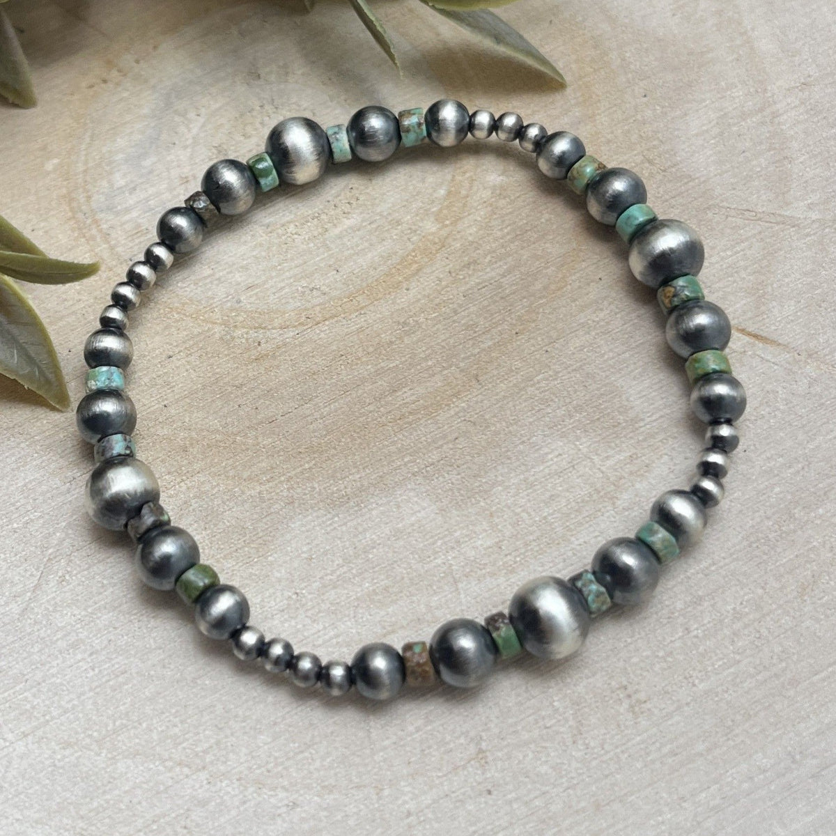 Desert Pearls & Green Turquoise Graduated Stretch Bracelet - Sunset Turquoise Mountain