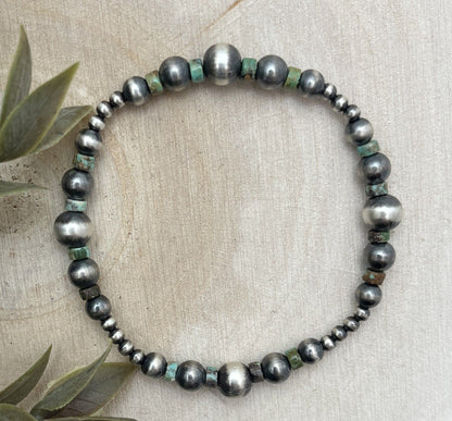 Desert Pearls & Green Turquoise Graduated Stretch Bracelet - Sunset Turquoise Mountain