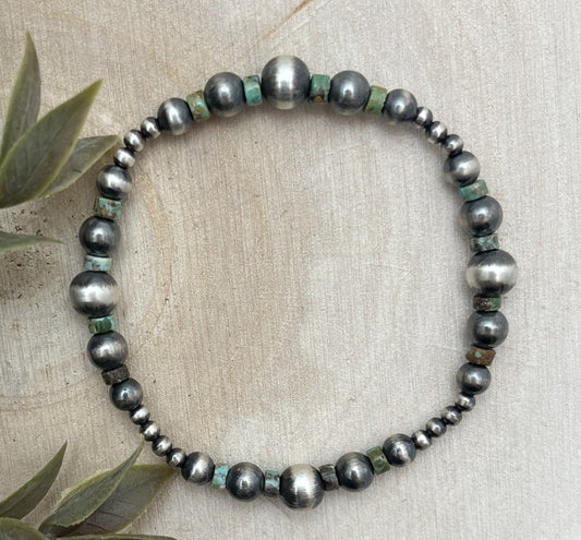 Desert Pearls & Green Turquoise Graduated Stretch Bracelet - Sunset Turquoise Mountain