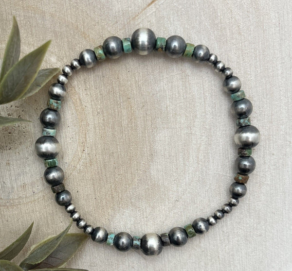Desert Pearls & Green Turquoise Graduated Stretch Bracelet - Sunset Turquoise Mountain