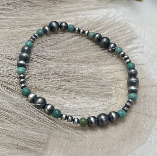 Desert Pearls & Green Turquoise Graduated Stretch Bracelet - Sunset Turquoise Mountain