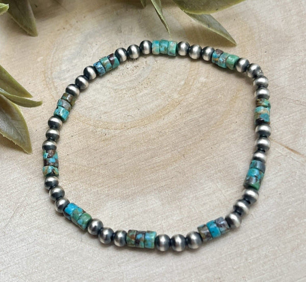 Desert Pearls & Green Turquoise Heishi Stretch Bracelet - Sunset Turquoise Mountain