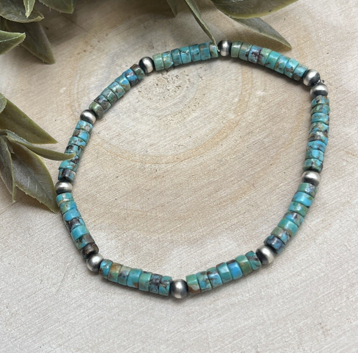 Desert Pearls & Green Turquoise Stretch Bracelet - Sunset Turquoise Mountain