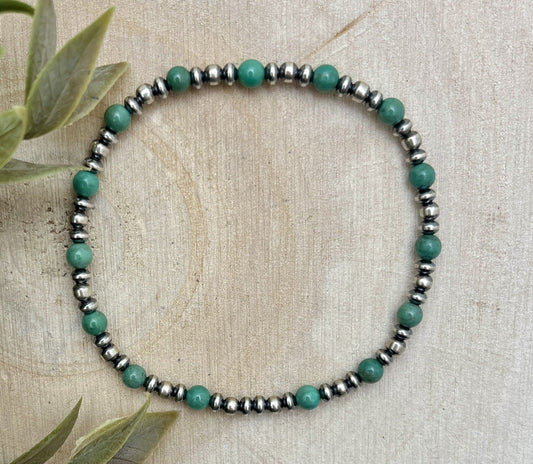 Desert Pearls & Green Turquoise Stretch Bracelet - Sunset Turquoise Mountain