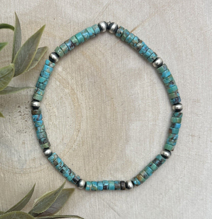 Desert Pearls & Green Turquoise Stretch Bracelet - Sunset Turquoise Mountain