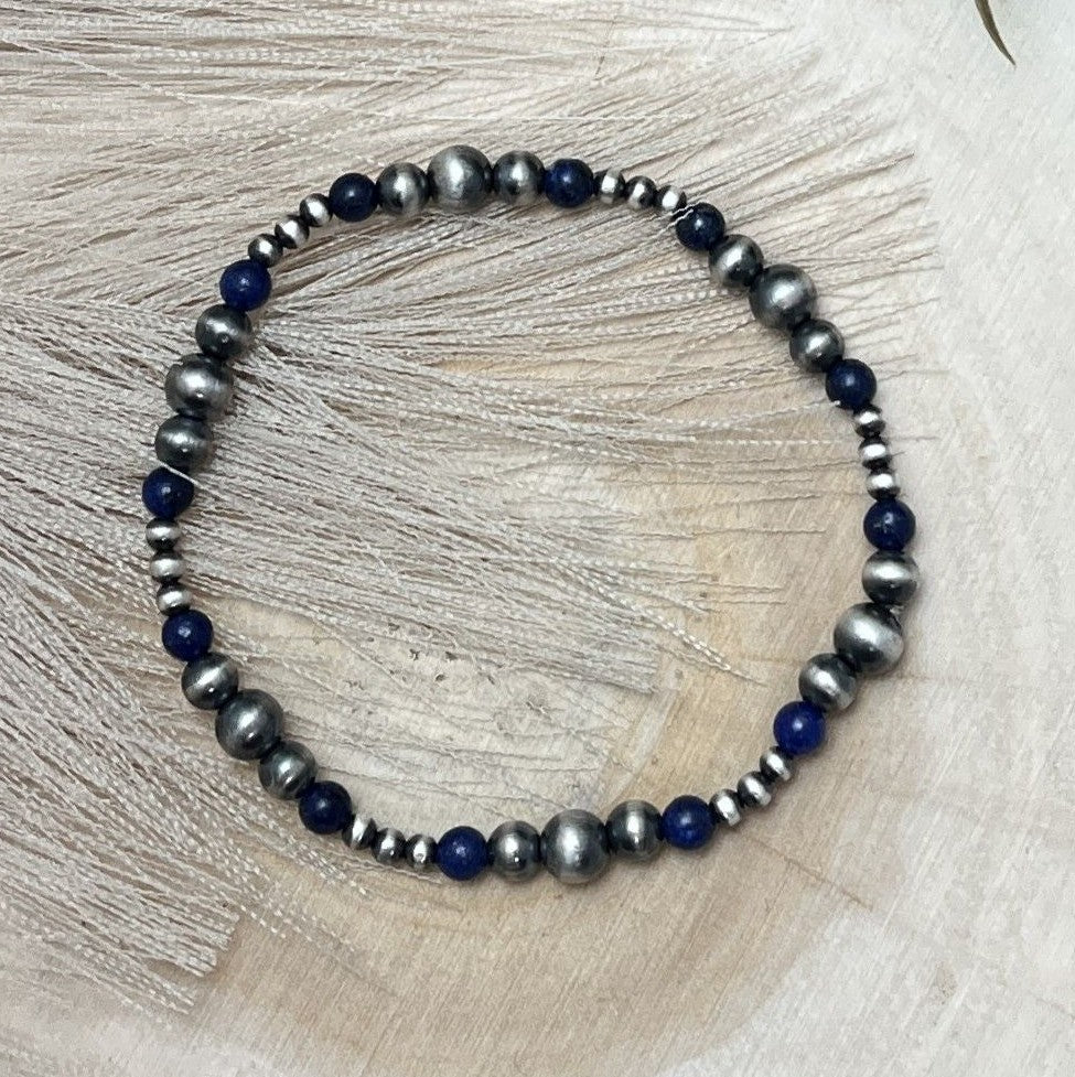 Desert Pearls & Lapis Graduated Stretch Bracelet - Sunset Turquoise Mountain