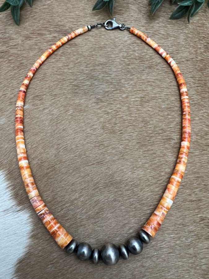 Desert Pearls & Orange Spiny Oyster Necklace - Sunset Turquoise Mountain