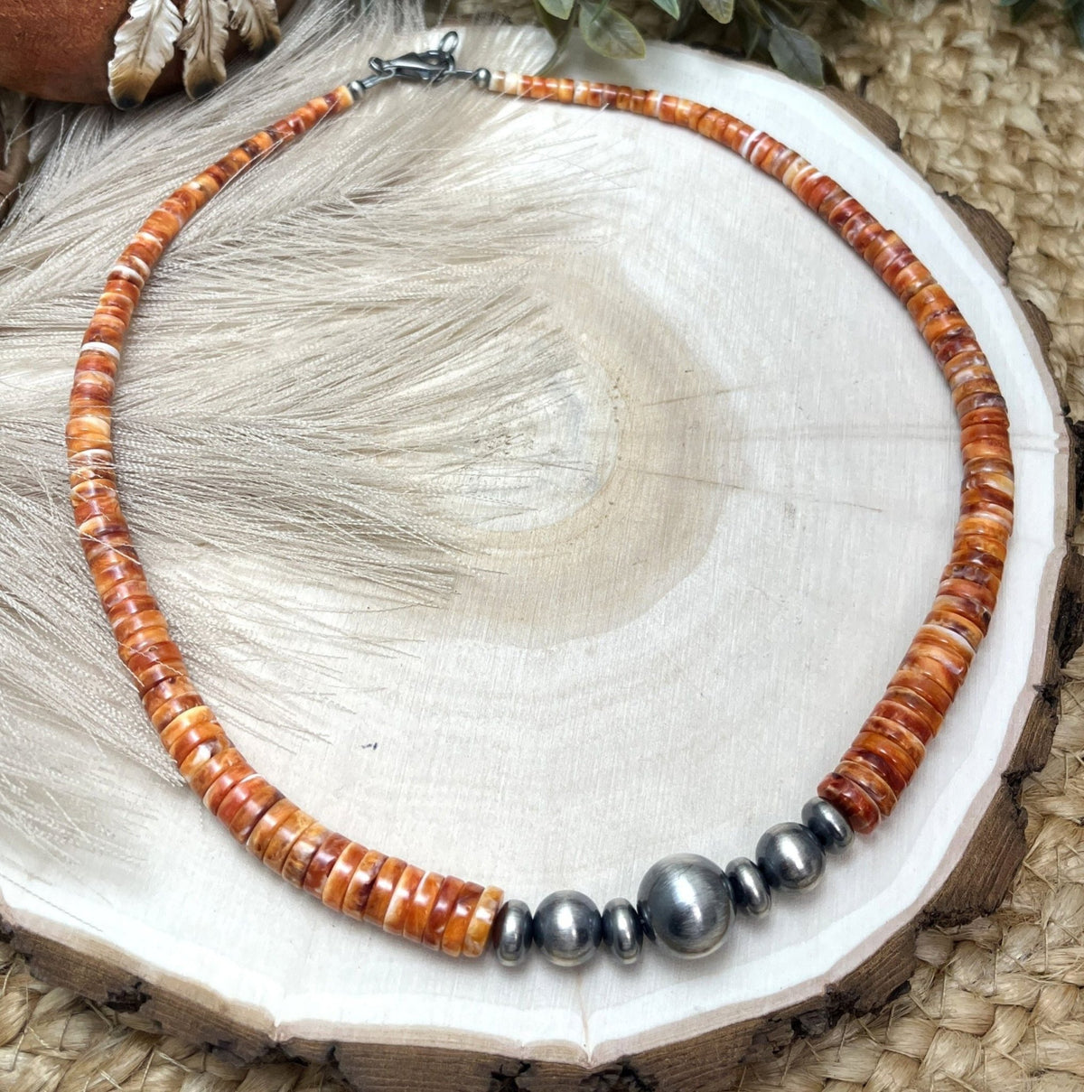 Desert Pearls & Orange Spiny Oyster Necklace - Sunset Turquoise Mountain