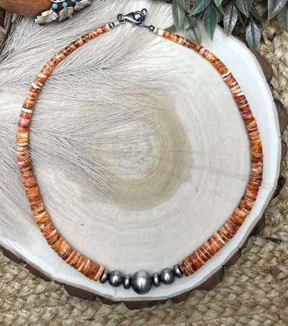 Desert Pearls & Orange Spiny Oyster Necklace - Sunset Turquoise Mountain