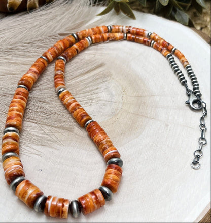 Desert Pearls & Orange Spiny Oyster Necklace - Sunset Turquoise Mountain