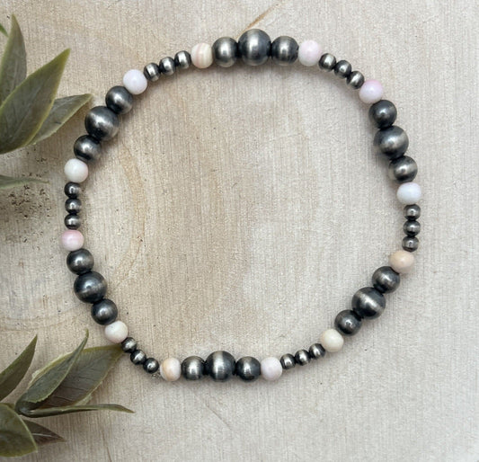 Desert Pearls & Pink Conch Graduated Stretch Bracelet - Sunset Turquoise Mountain