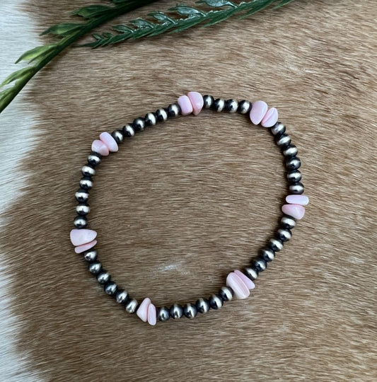 Desert Pearls & Pink Conch Nuggets Stretch Bracelet - Sunset Turquoise Mountain