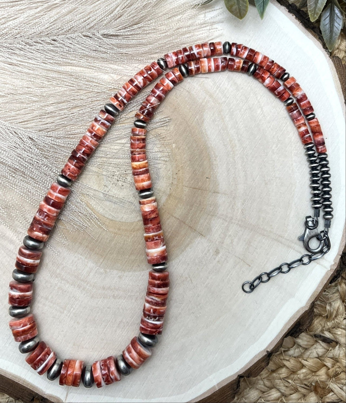 Desert Pearls & Red Spiny Oyster Necklace - Sunset Turquoise Mountain