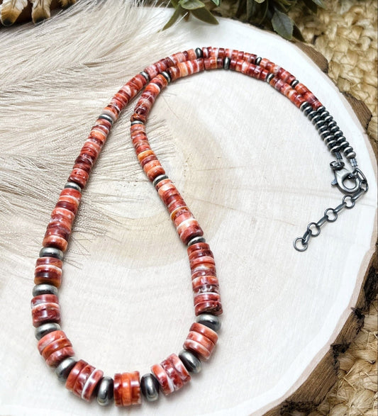 Desert Pearls & Red Spiny Oyster Necklace - Sunset Turquoise Mountain