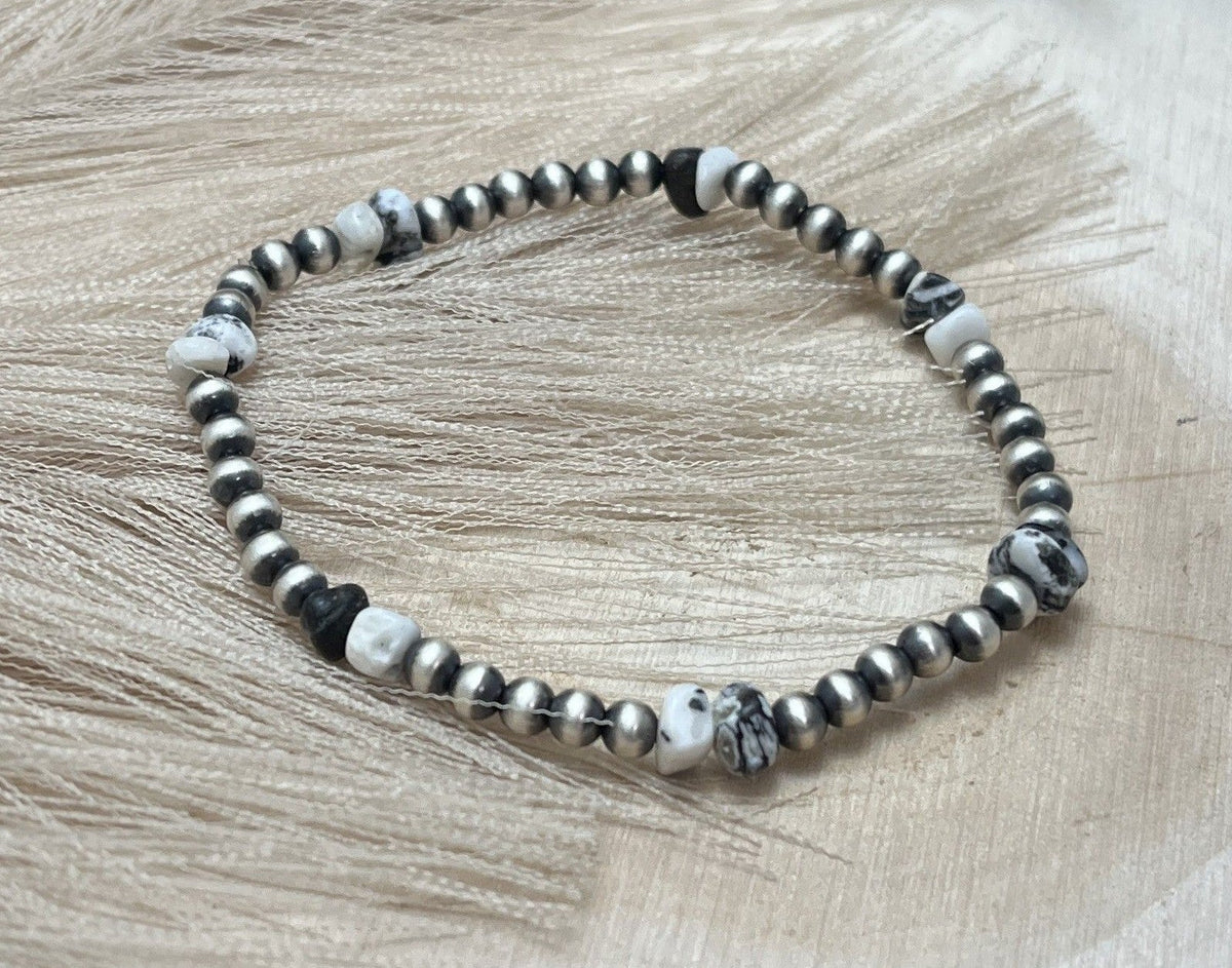 Desert Pearls & White Buffalo Nuggets Stretch Bracelet - Sunset Turquoise Mountain