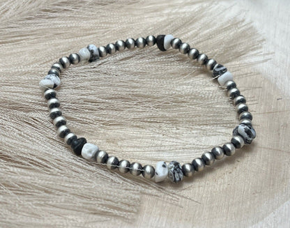 Desert Pearls & White Buffalo Nuggets Stretch Bracelet - Sunset Turquoise Mountain