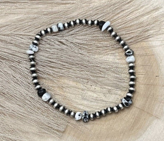 Desert Pearls & White Buffalo Nuggets Stretch Bracelet - Sunset Turquoise Mountain