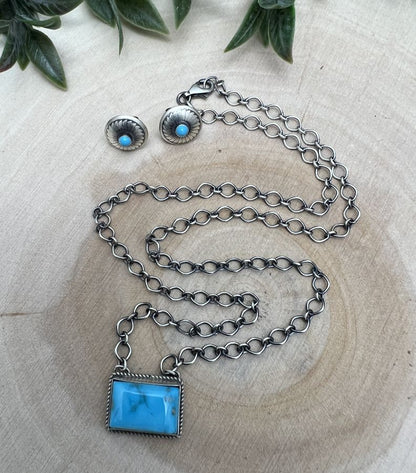 Dwight & Delayne Nez Turquoise Bar Necklace & Concho Earring Set - Sunset Turquoise Mountain