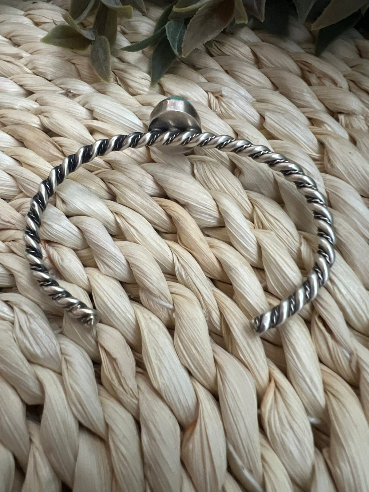 Elaine Tahe Navajo Artist Turquoise and Silver Twisted Wire Bracelet - Sunset Turquoise Mountain