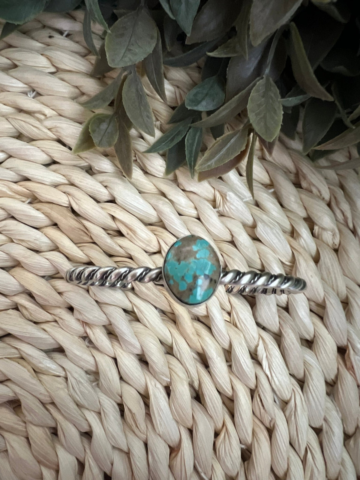 Elaine Tahe Navajo Artist Turquoise and Silver Twisted Wire Bracelet - Sunset Turquoise Mountain