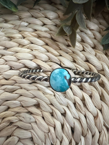 Elaine Tahe Navajo Artist Turquoise and Silver Twisted Wire Bracelet - Sunset Turquoise Mountain