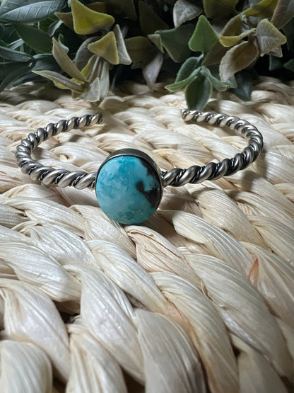 Elaine Tahe Navajo Artist Turquoise and Silver Twisted Wire Bracelet - Sunset Turquoise Mountain