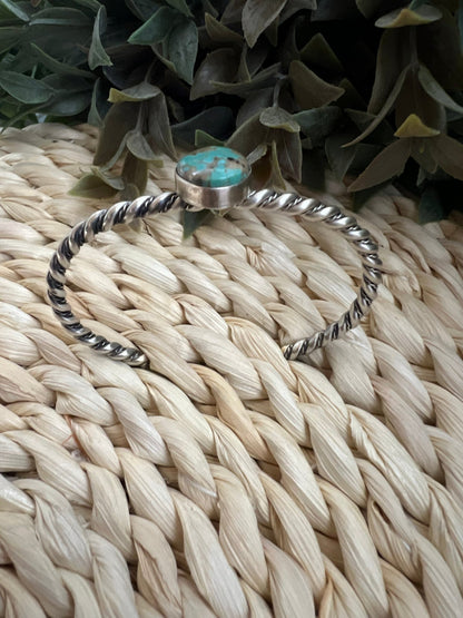 Elaine Tahe Navajo Artist Turquoise and Silver Twisted Wire Bracelet - Sunset Turquoise Mountain