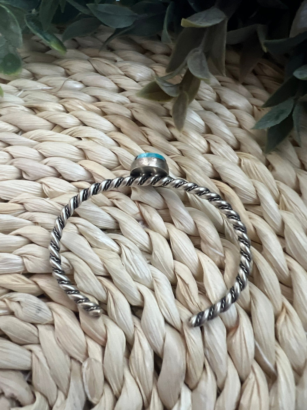 Elaine Tahe Navajo Artist Turquoise and Silver Twisted Wire Bracelet - Sunset Turquoise Mountain