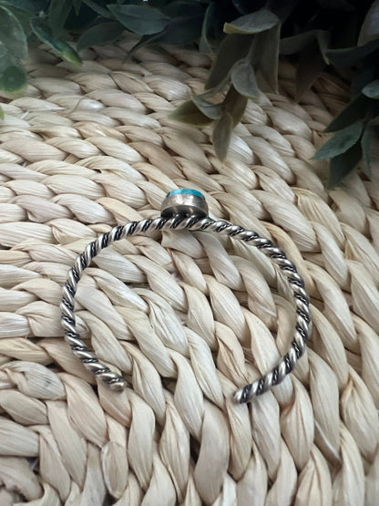 Elaine Tahe Navajo Artist Turquoise and Silver Twisted Wire Bracelet - Sunset Turquoise Mountain