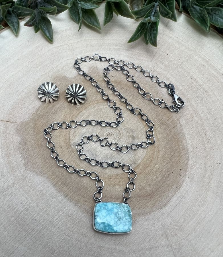 Gloria Rios Whitewater Turquoise Bar Necklace & Concho Earring Set - Sunset Turquoise Mountain