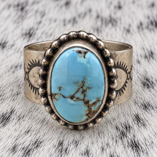 Golden Hills Turquoise Ring - 11mm Wide Band with Native Stamping — closeup