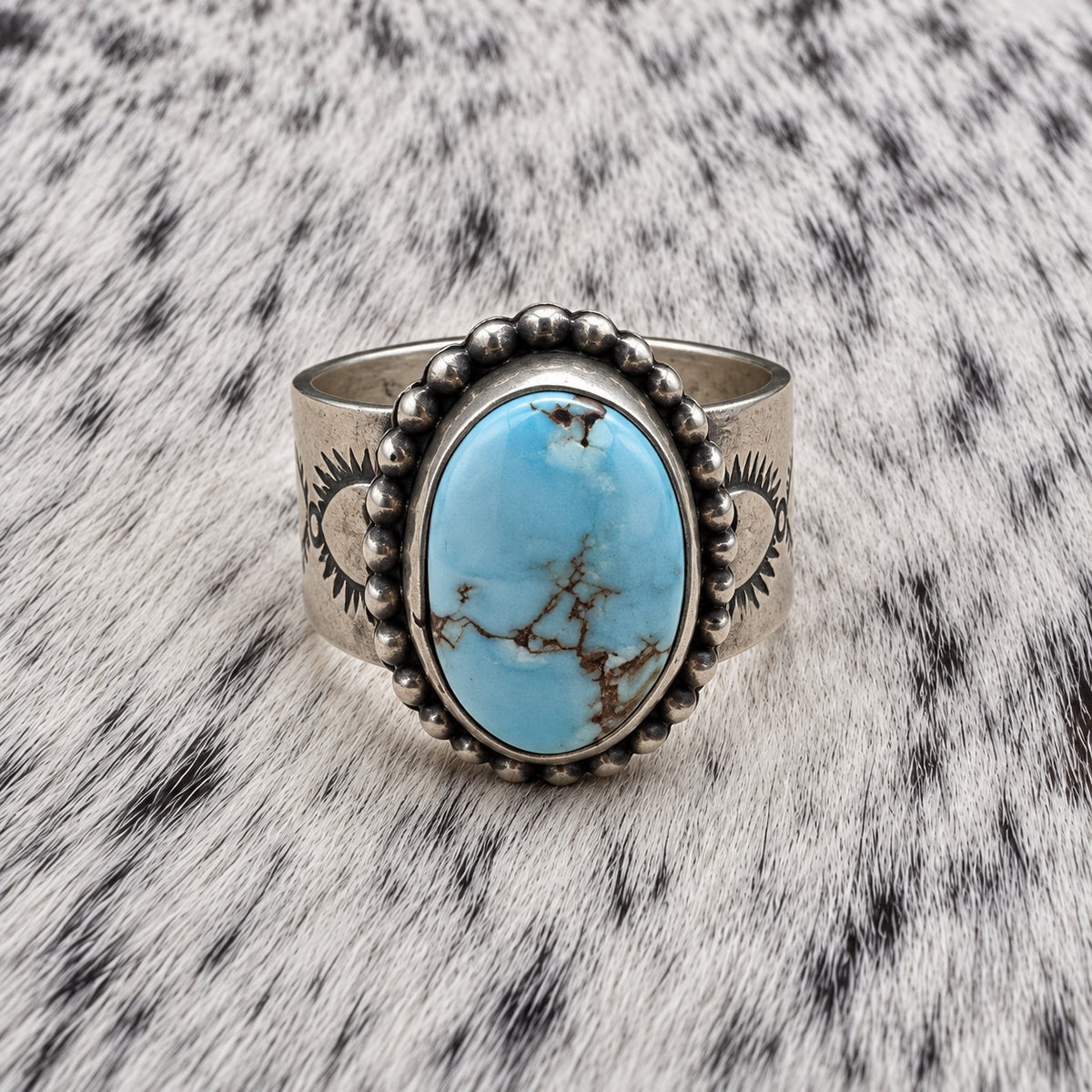 Golden Hills Turquoise Ring - 11mm Wide Band with Native Stamping — front