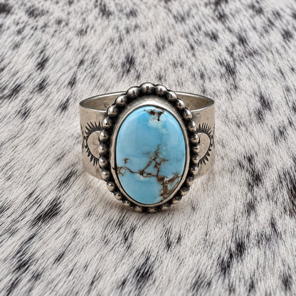 Golden Hills Turquoise Ring - 11mm Wide Band with Native Stamping — front