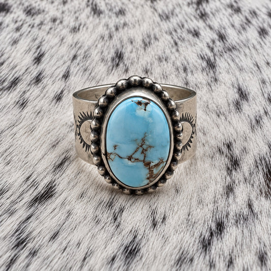 Golden Hills Turquoise Ring - 11mm Wide Band with Native Stamping — front