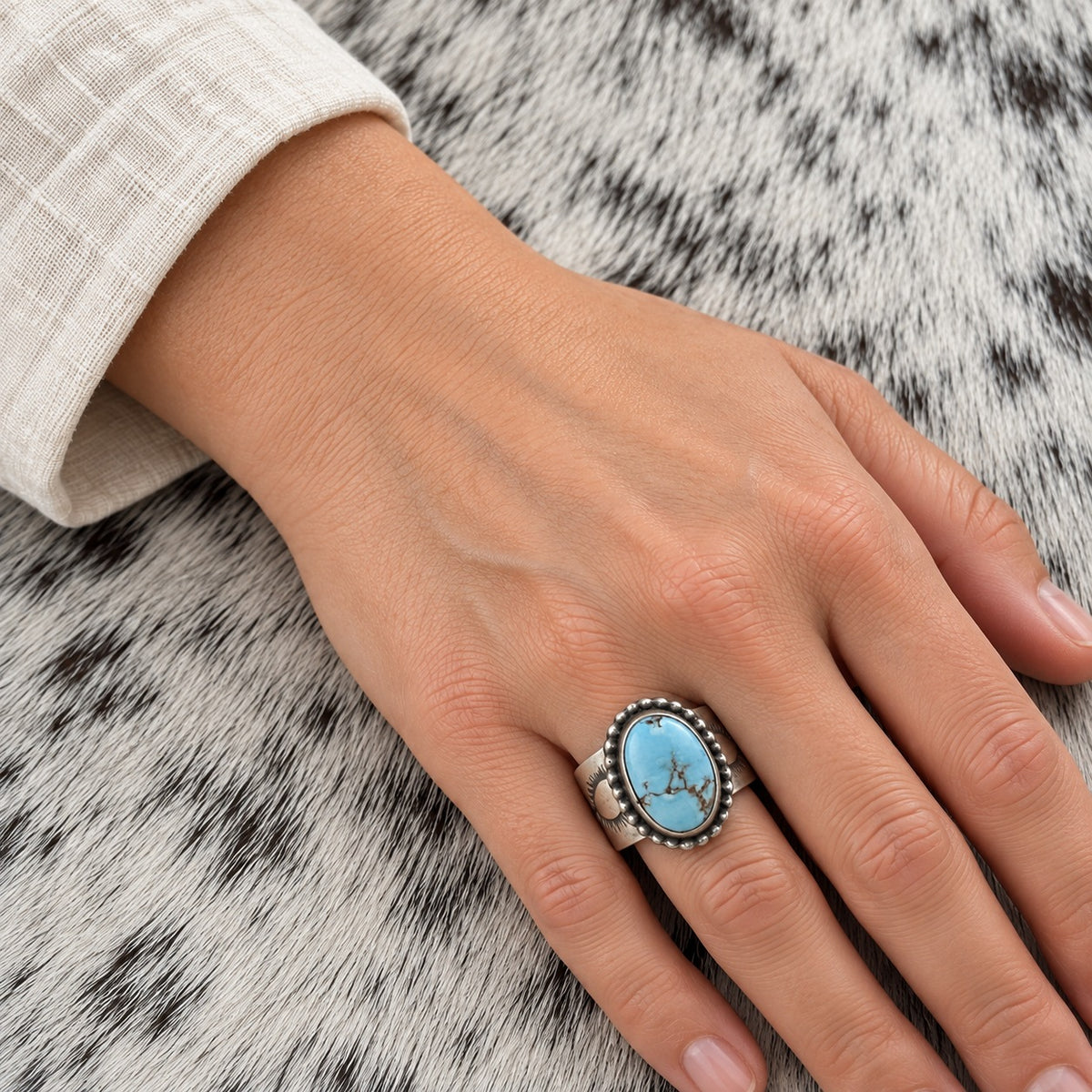 Golden Hills Turquoise Ring - 11mm Wide Band with Native Stamping — lifestyle (approximate worn scale)
