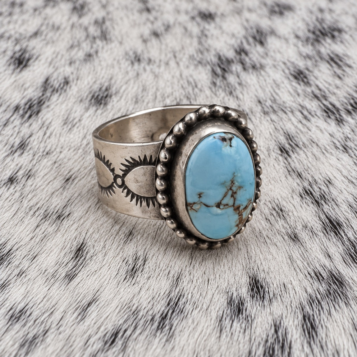 Golden Hills Turquoise Ring - 11mm Wide Band with Native Stamping — angle