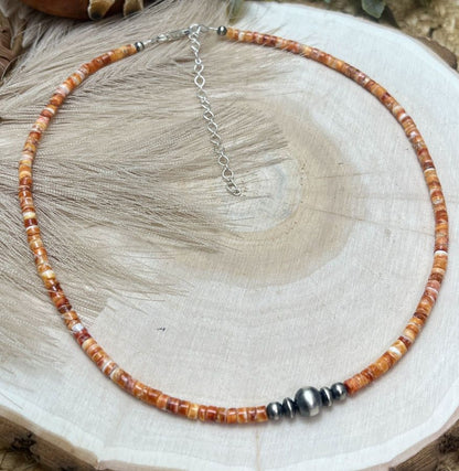 Graduated Silver Desert Pearls & Spiny Oyster Shell Heishi Necklace - Sunset Turquoise Mountain