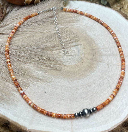 Graduated Silver Desert Pearls & Spiny Oyster Shell Heishi Necklace - Sunset Turquoise Mountain