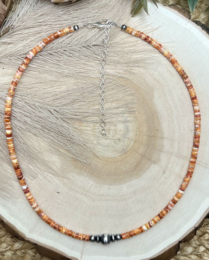 Graduated Silver Desert Pearls & Spiny Oyster Shell Heishi Necklace - Sunset Turquoise Mountain
