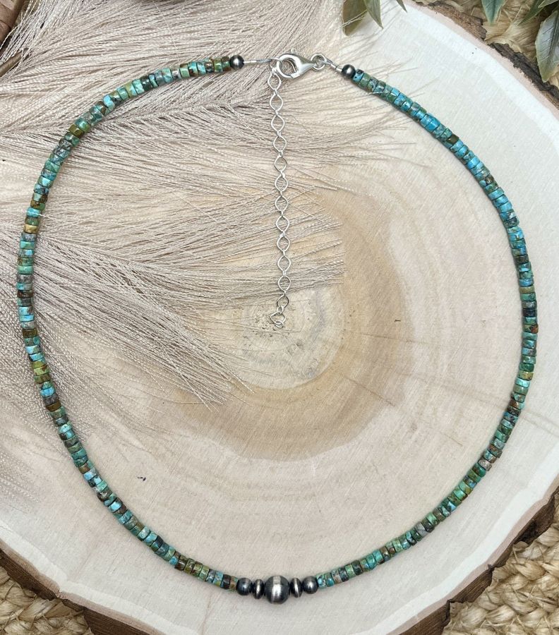 Graduated Silver Desert Pearls & Turquoise Heishi Necklace - Sunset Turquoise Mountain
