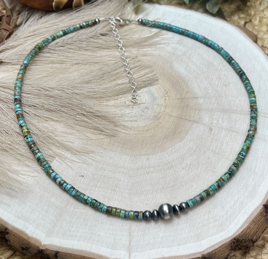 Graduated Silver Desert Pearls & Turquoise Heishi Necklace - Sunset Turquoise Mountain
