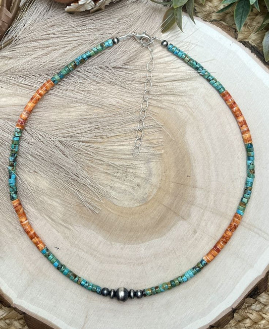 Graduated Silver Desert Pearls & Turquoise Spiny Oyster Shell Heishi Necklace - Sunset Turquoise Mountain