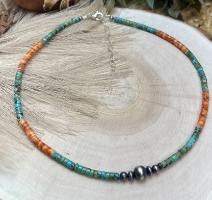 Graduated Silver Desert Pearls & Turquoise Spiny Oyster Shell Heishi Necklace - Sunset Turquoise Mountain